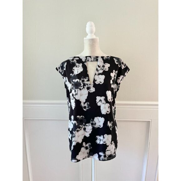 Floral Blouse Cap Sleeve Keyhole Lined L - Picture 1 of 4